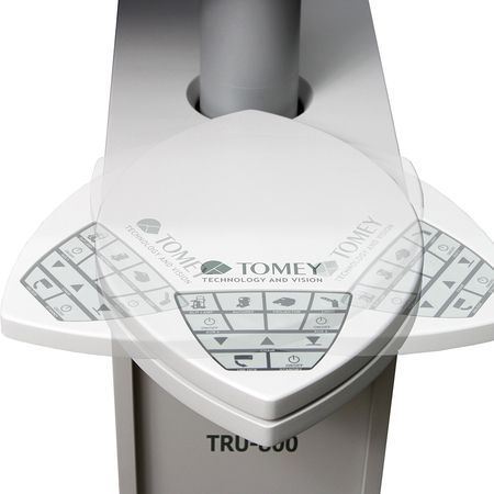 Draufsicht auf ein TOMEY TRU-600-Gerät mit einem Bedienfeld mit verschiedenen Tasten