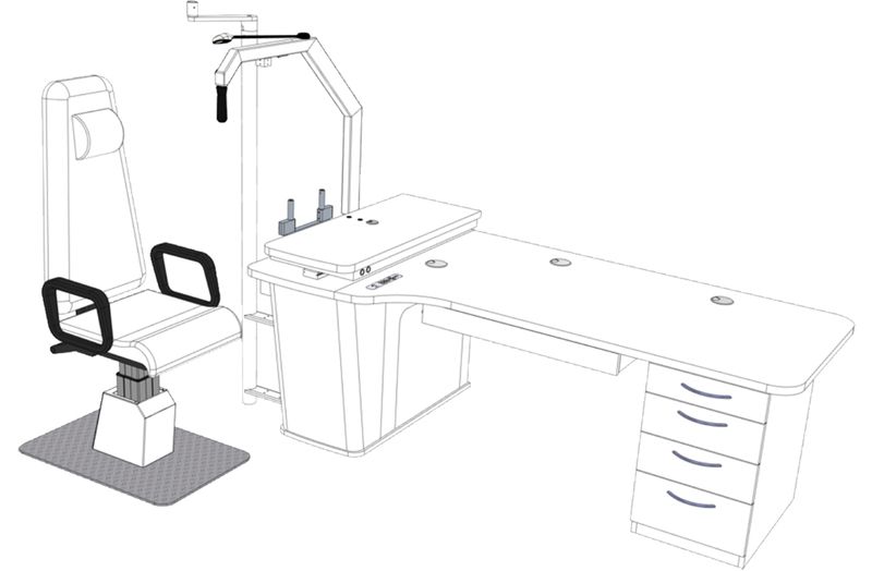Illustration eines medizinischen Untersuchungsraums mit einem höhenverstellbaren Stuhl und einem Schreibtisch mit Schubladen und integrierten Geräten